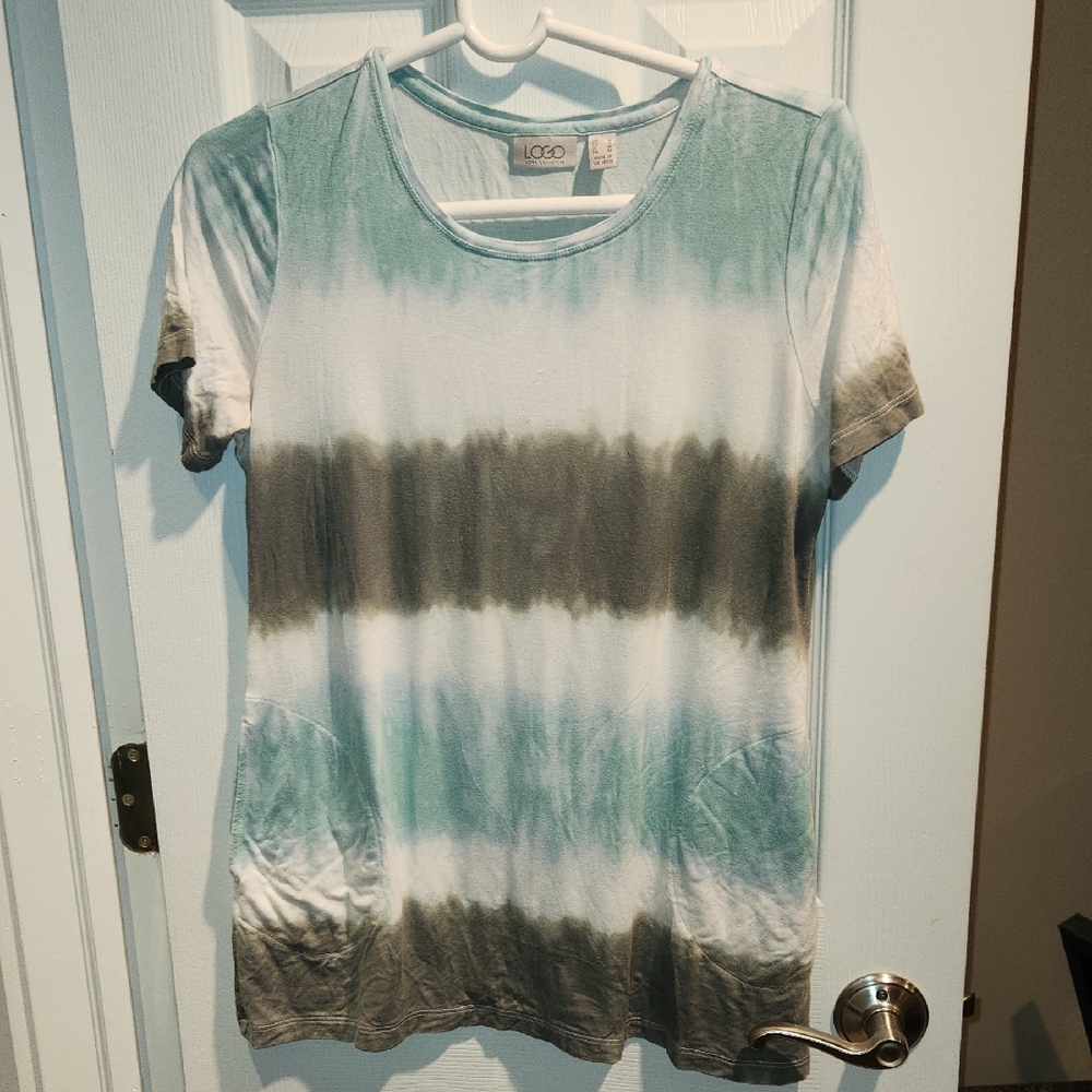 LOGO by Lori Goldstein Tie-Dye Short Sleeve Top - Green and Light Blue